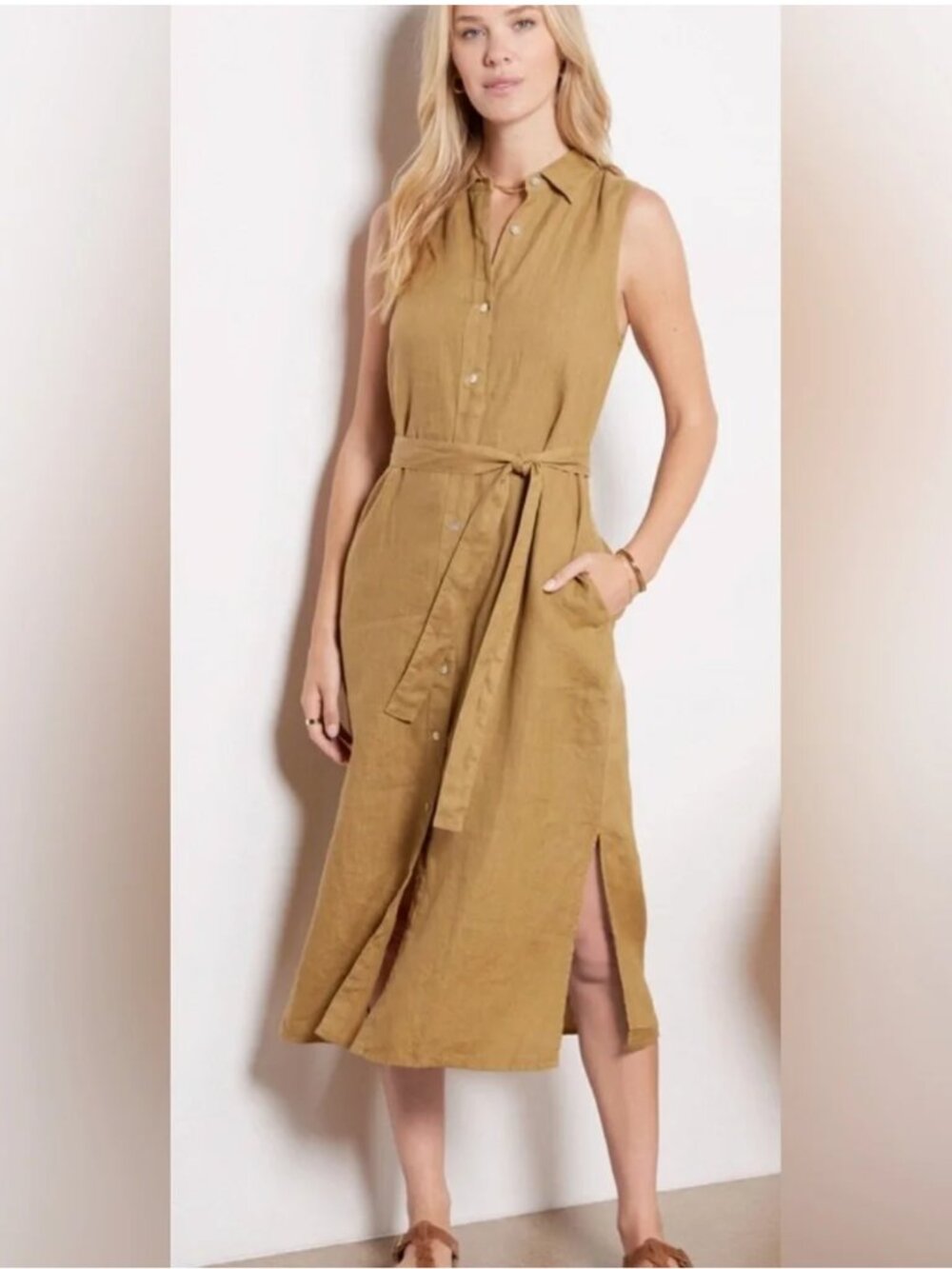 Faherty Laguna Linen Midi Sleeveless Shirtdress Gold Size XL